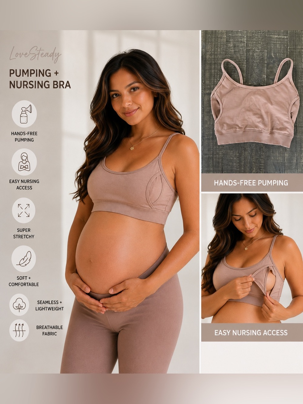 LoveSteady Pumping & Nursing Bra M/L Nude Seamless Hands Free Stretch Postpartum